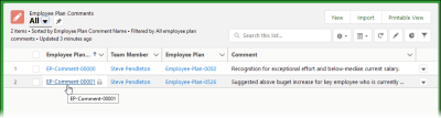 Screenshot showing the list view on the Employee Plan Comments tab with a comment selected